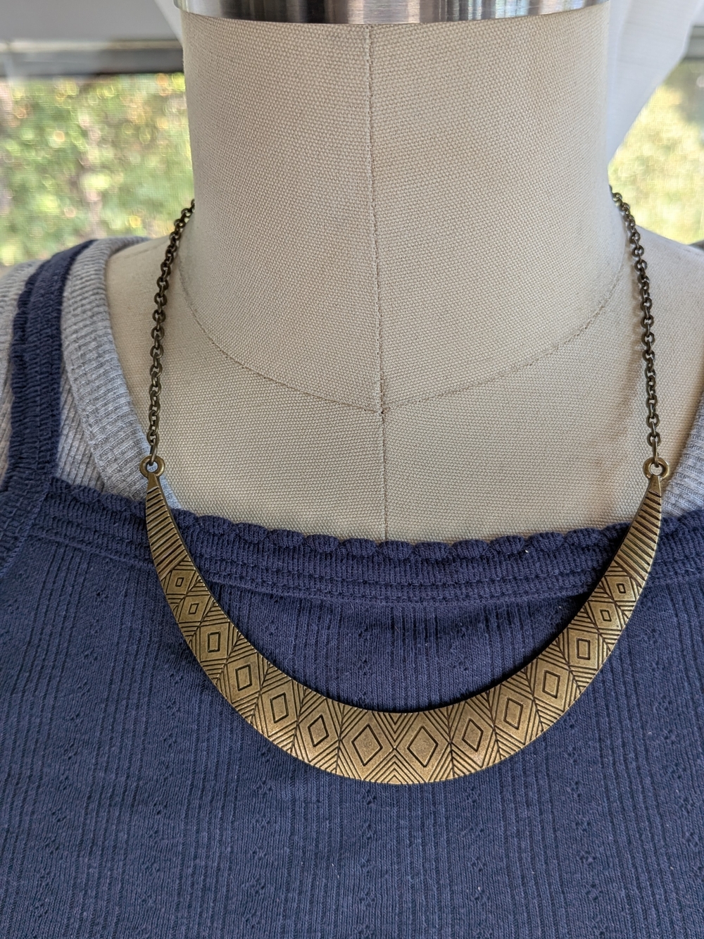 Antiqued Brass Geometric Etched Crescent Collar Statement Necklace Boho